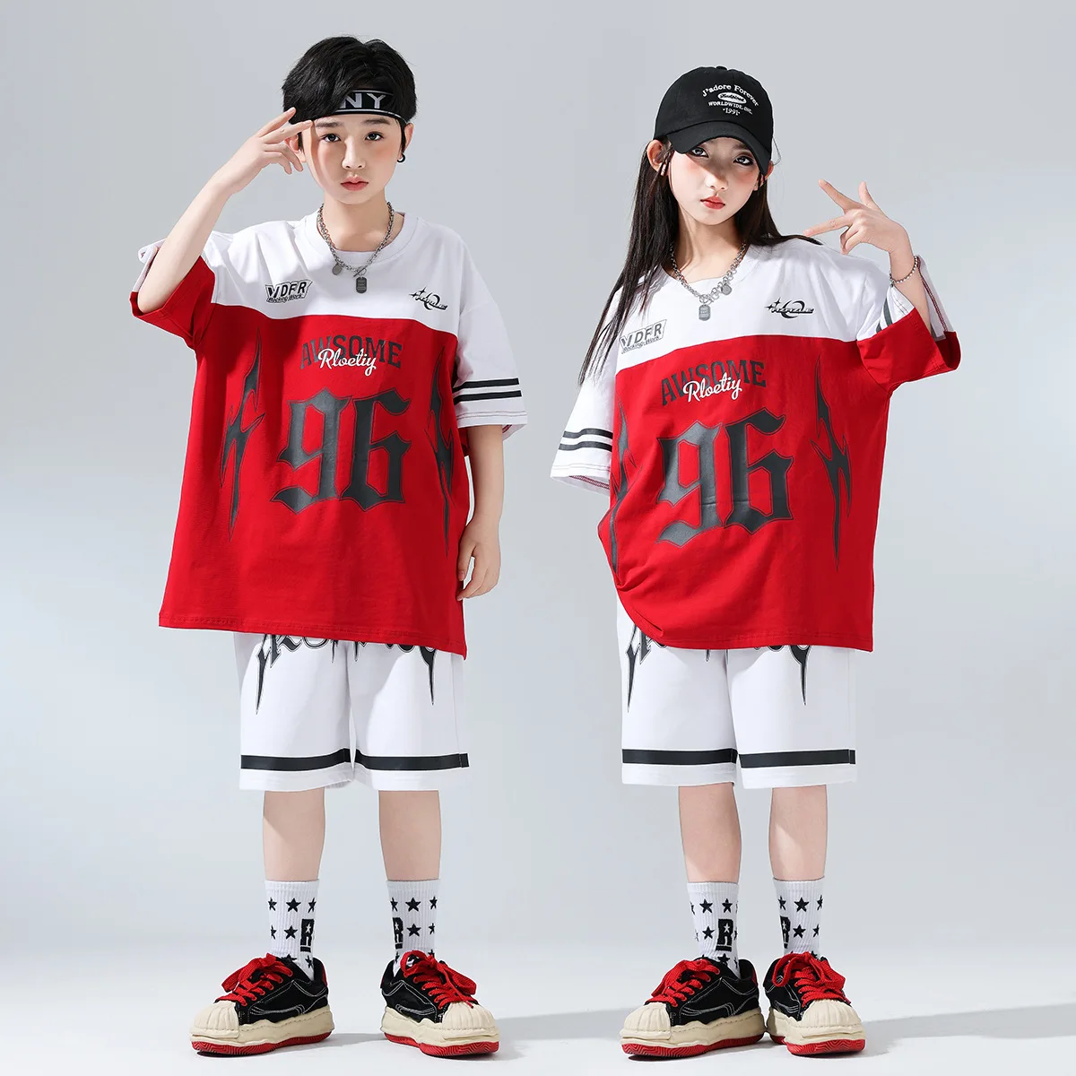 

Kid Kpop Hip Hop Clothing White Red Letters T Shirt Top Casual Street Summer Shorts for Girl Boy Jazz Dance Wear Costume Clothes