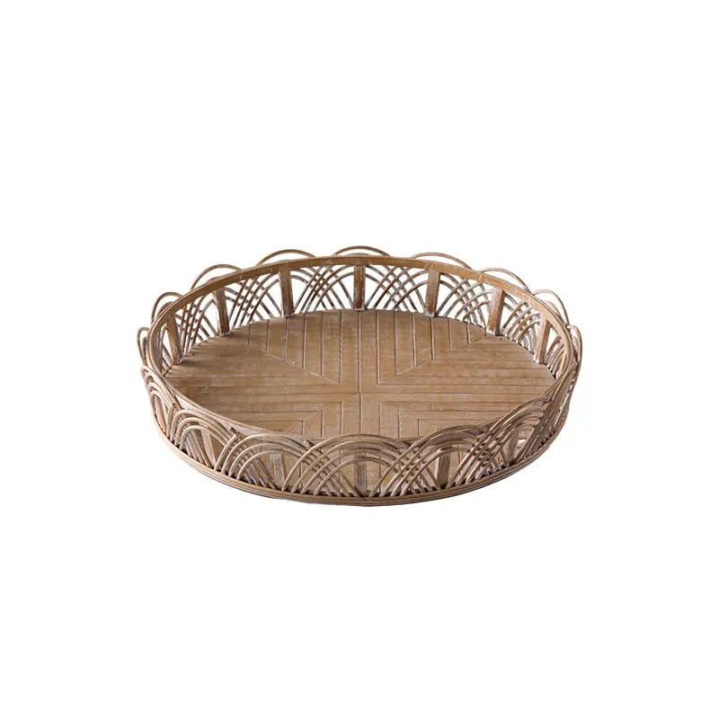 

Bohemian handmade bamboo fruit plate, living room round creative storage tray, pastoral wood color bed and breakfast decoration