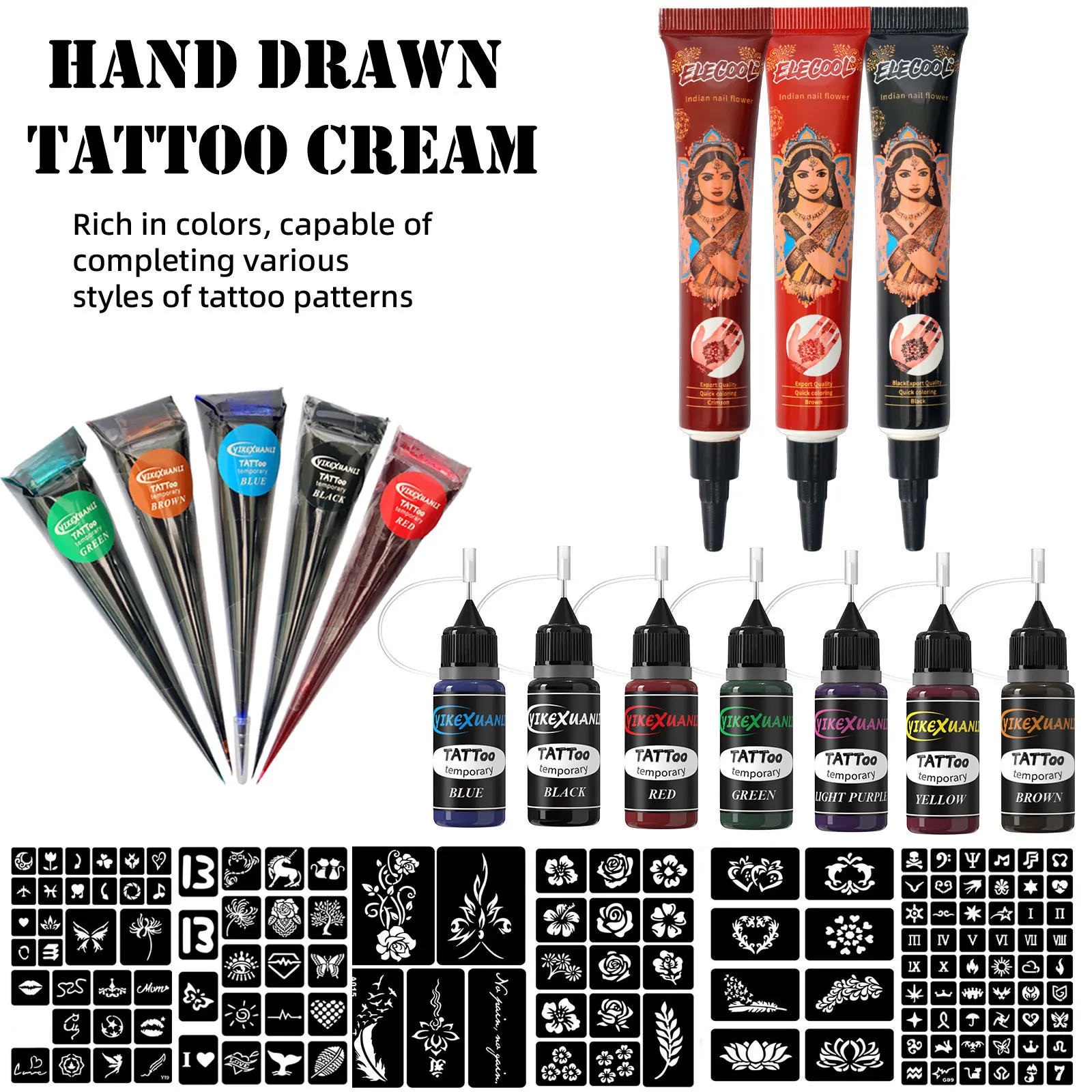 5 Colors Temporary Tattoo Ink Cream Set DIY Body Art Painting Kit with Stencils Hand Drawn Henna Tattoo Paste for Festival Party