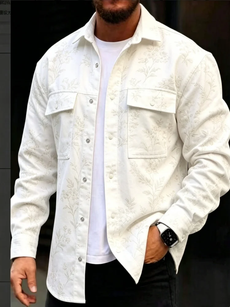 Men's Vintage Gentle Tone Floral Fake Denim Shirt White Soft Floral Print Long Sleeve Button Up Daily Fashion Casual Top