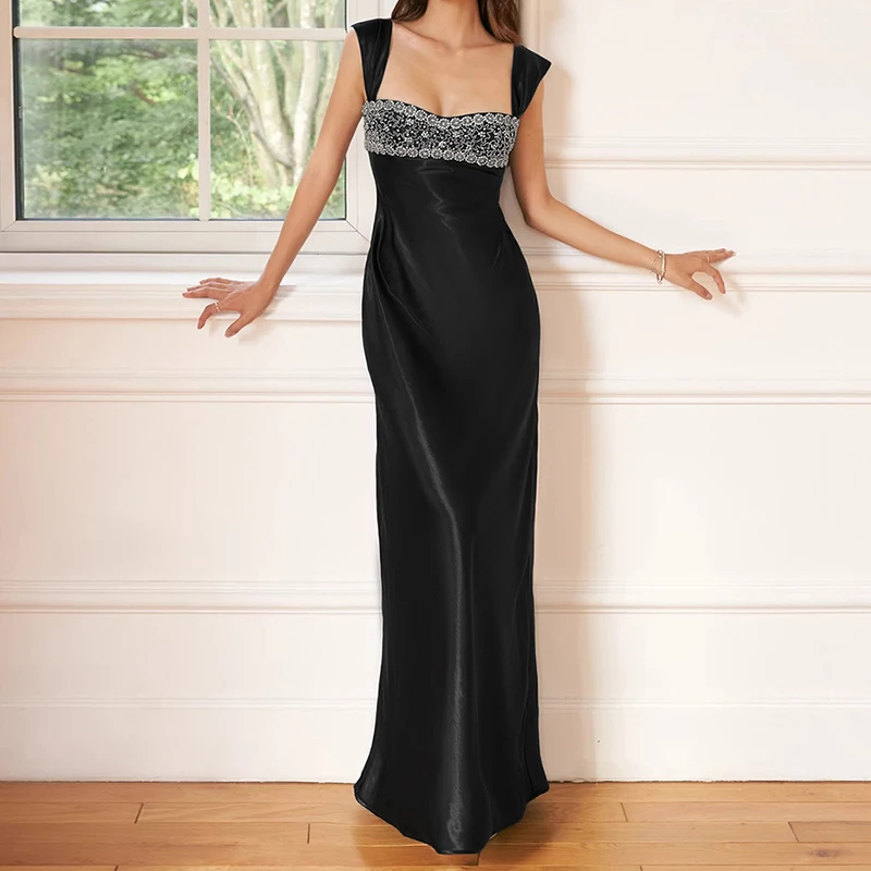 Sommerliches neues High-Waist-Party-Maxikleid, modisches, einfarbiges Abendkleid aus Satin mit Strass, sexy Neckholder, ärmellos, schmal geschnitten, Bankettkleid