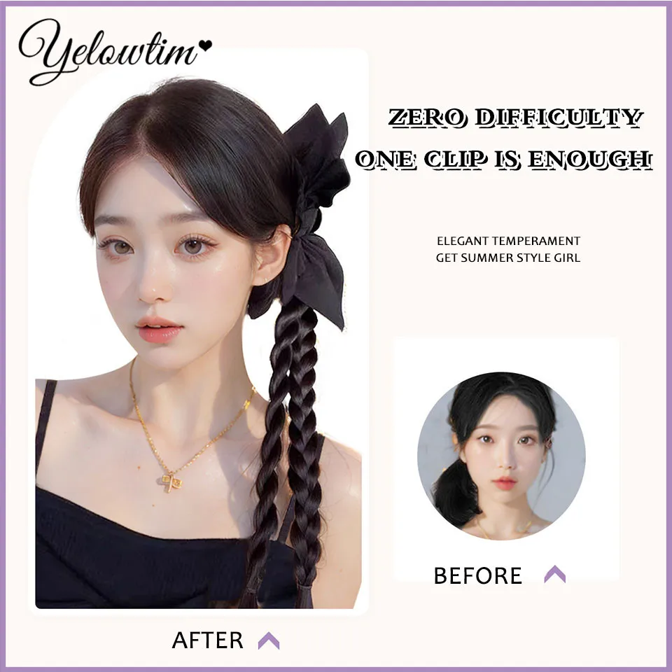 Yelowtim-合成ロングツイスト編組ポニーテールエクステンション、爪クリップ付き、女性用ボクシング編組ヘアエクステンション、毎日のパーティー