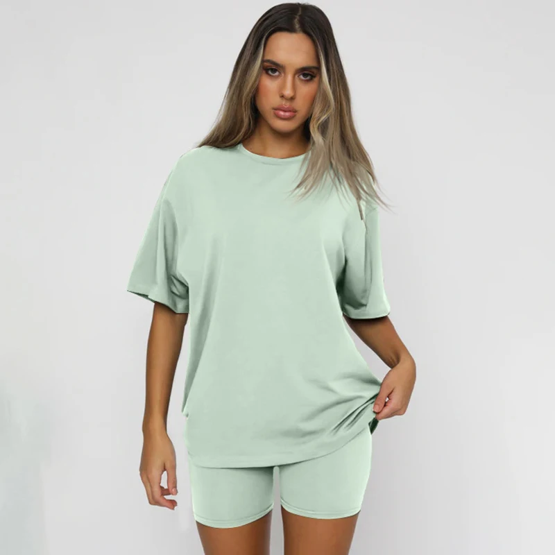 2024 New Solid Color Loose Tops Trouser Casual Sportwear Two Piece Set Short Sleeve Tee T-shirts And Tight Summer Shorts Set 2pc