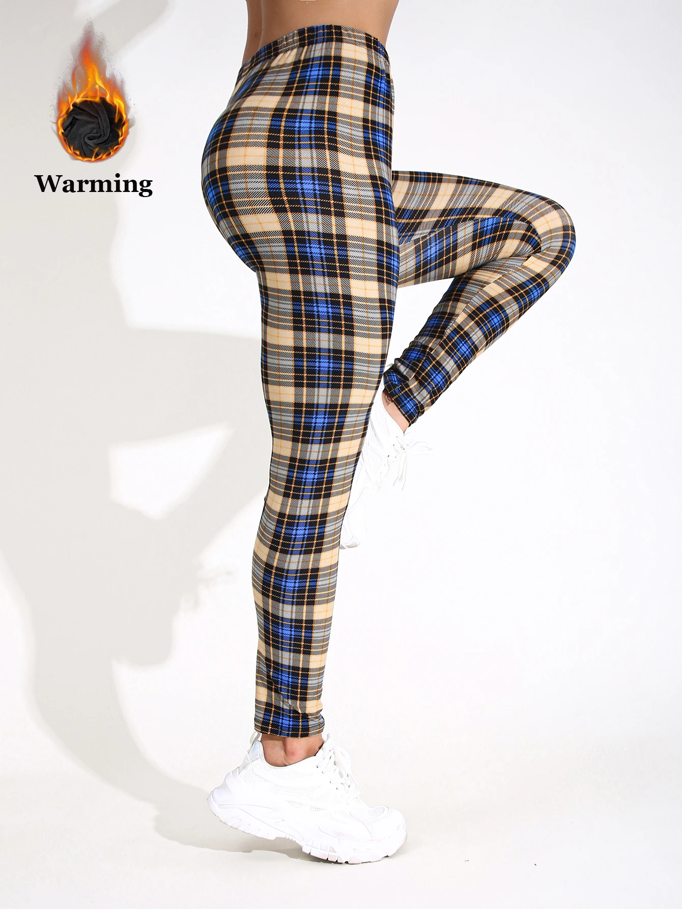 Autumn Winter 1PACK Women's Blue Checkered Plush Thick Sexy Tight Legging Casual Sports Elegant Fitness Yoga Pants