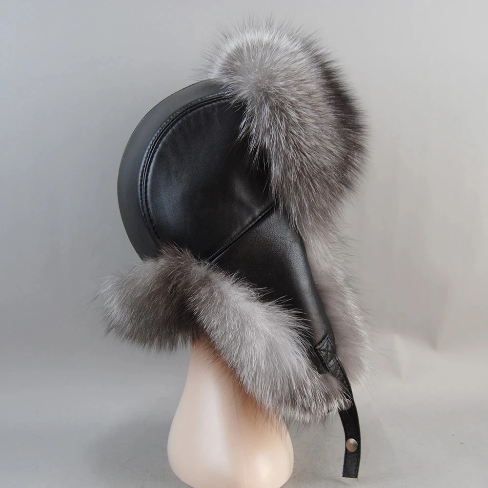 Brand Warm Soft Quality Real Raccoon Fur Bombers Hats Luxury Real Sheepskin Leather Cap Unisex Winter Russian Real Fox Fur Hat