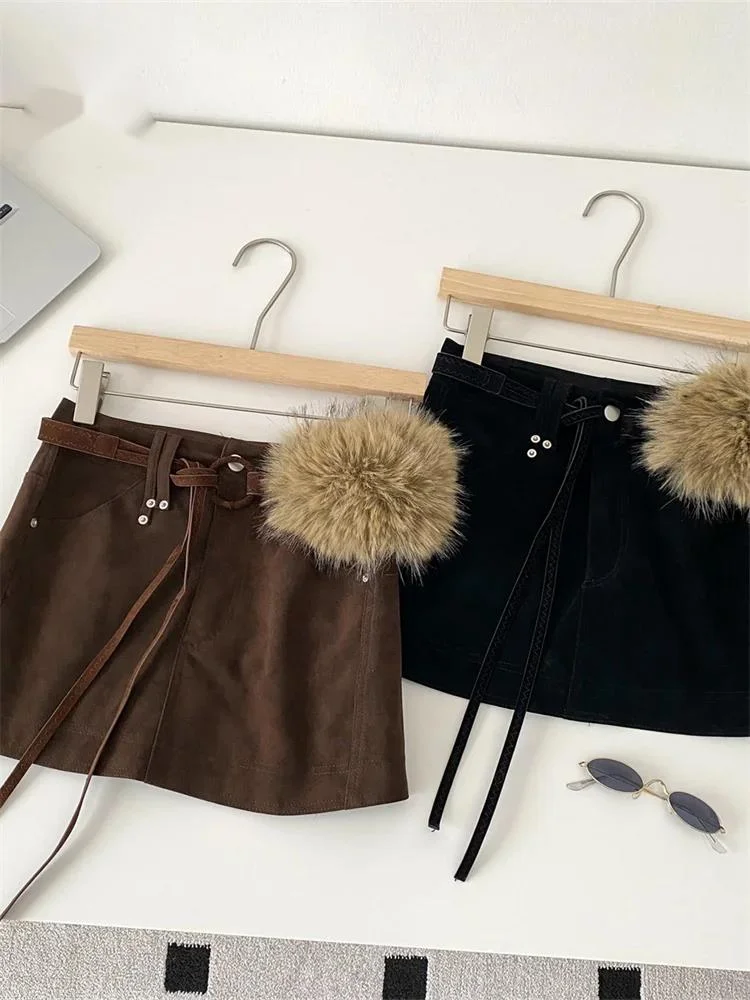 

Fake Suede Sexy Club Skirt Ladies Autumn High Waist Sashes Lace Up Pocket Winter Fashion Spicy Girl Fuzzy Mini Skirt