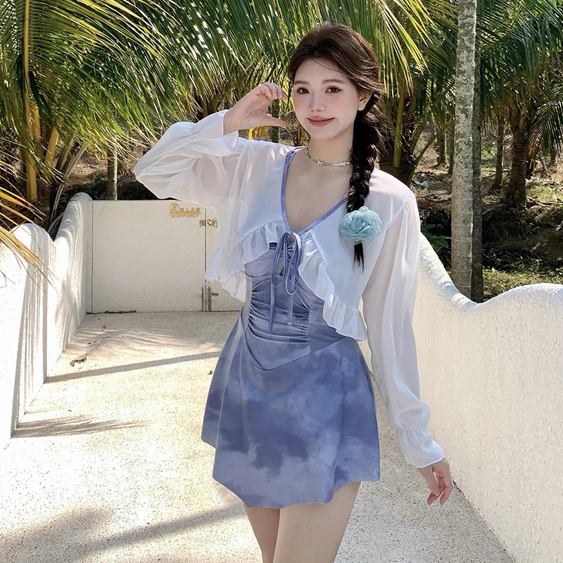 Korean Style One-piece Swimwear Swimdress for Women Mesh Tummy Control Slimming Belly Monokini Backcross Swimsuits with Skirt