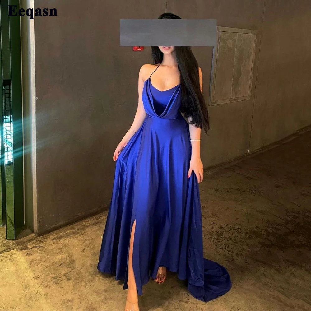 

Eeqasn Royal Blue Silk Satin Saudi Arabia Evening Dresses Halter Criss-Cross Back Slit Formal Party Dress Women Prom Gowns