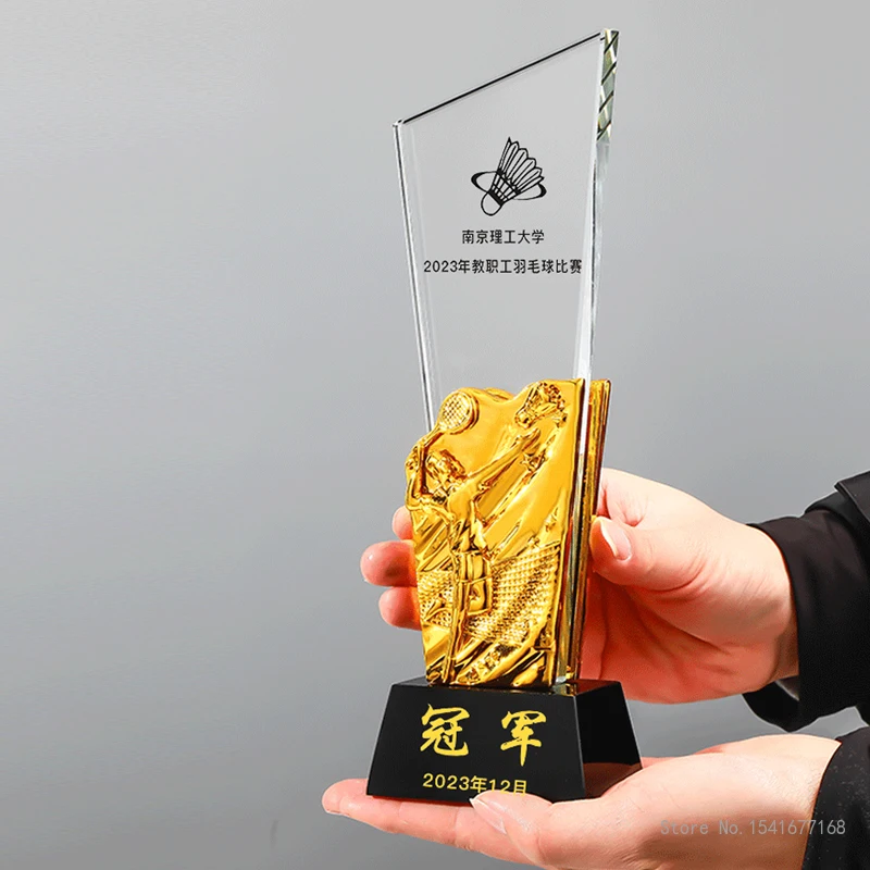 Customized Badminton Crystal Trophy, Annual Meeting Celebration Excellent Award, Team Singles Doubles Sports Souvenir Medal, 1Pc