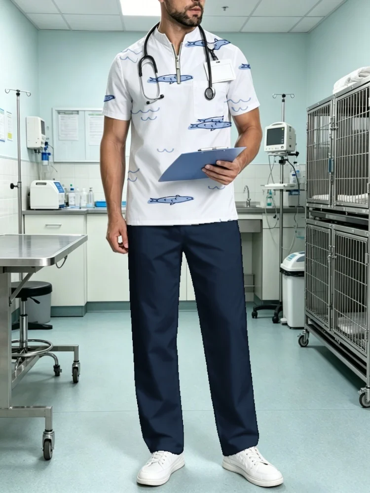 Mens Cute Ocean Fish All Over Print Short Sleeve Medical Scrub Set Zipper Neck Veterinary Nurse Work Uniform Comfort Outfits