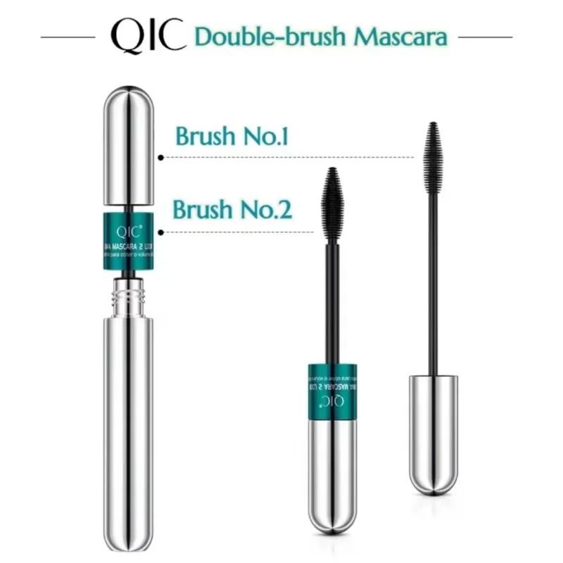 QIC Mascara impermeabile 4D a doppio effetto Arricciatura lunga Ciglia spesse naturali Mascara nero 2 in 1 2 testine