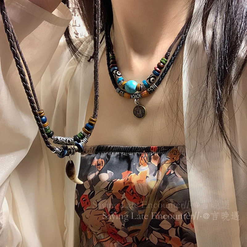 Exotic Ethnic Style Copper Coin Pendant With Double-Layer Necklace, Female Wolf Tooth Collarbone Chain, Bohemian Fashion And Per