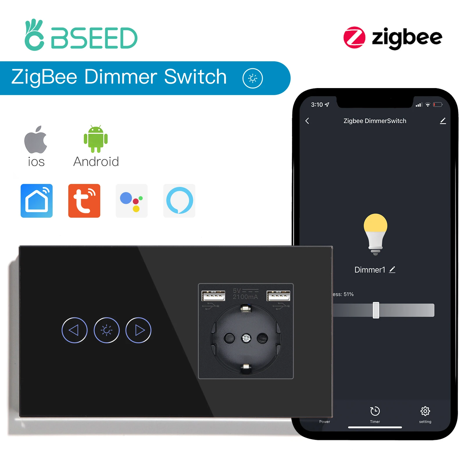 BSEED Zigbee dimmeren Tuya APP-bediening Smart LED dimbaar serie glas Google Alexa Smart Dimmer Touch-schakelaars Zwart
