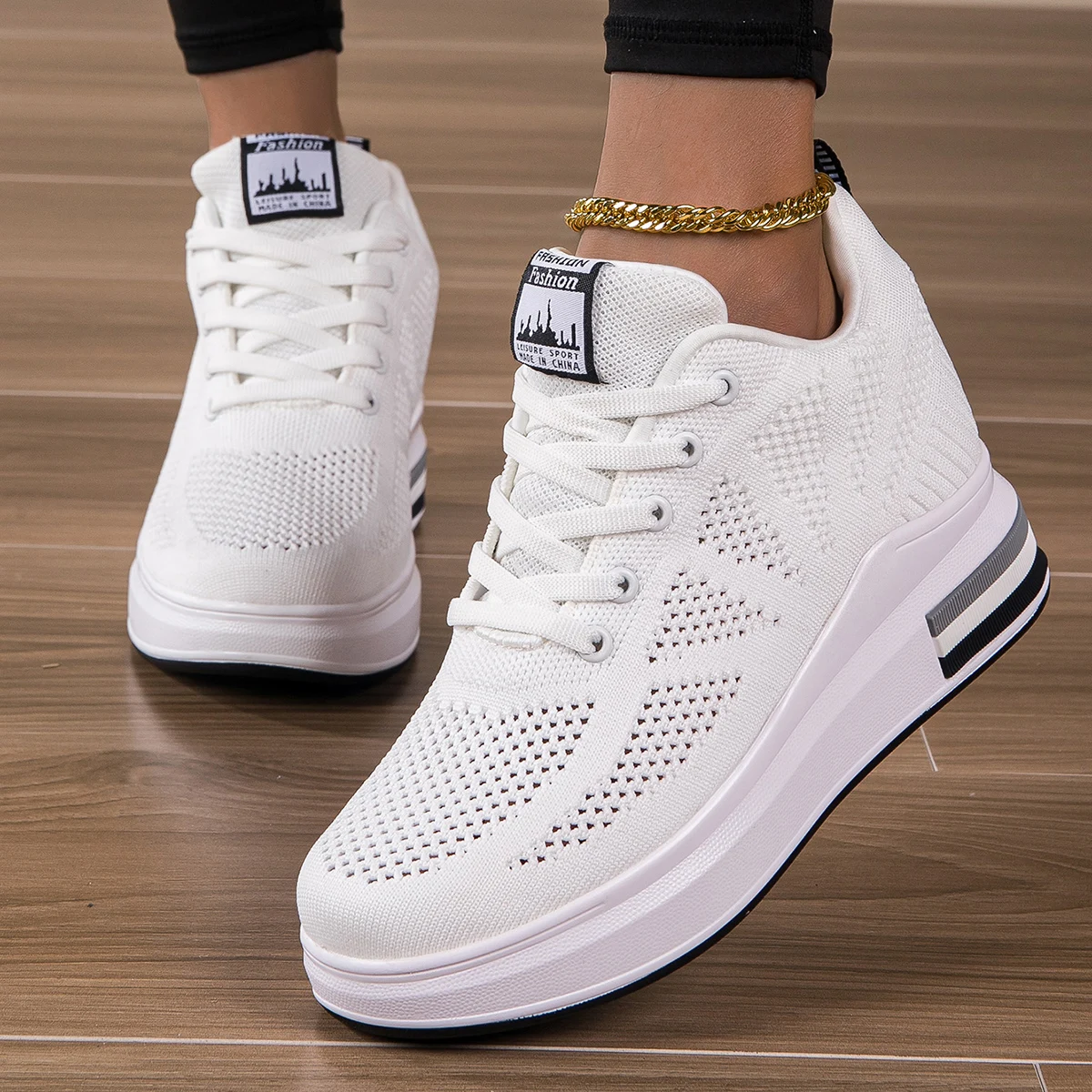 Women Height Increasing Shoes Fashion Comfortable Outdoor White Breathable Mesh Sneakers 2024 New Female High Platform Shoes