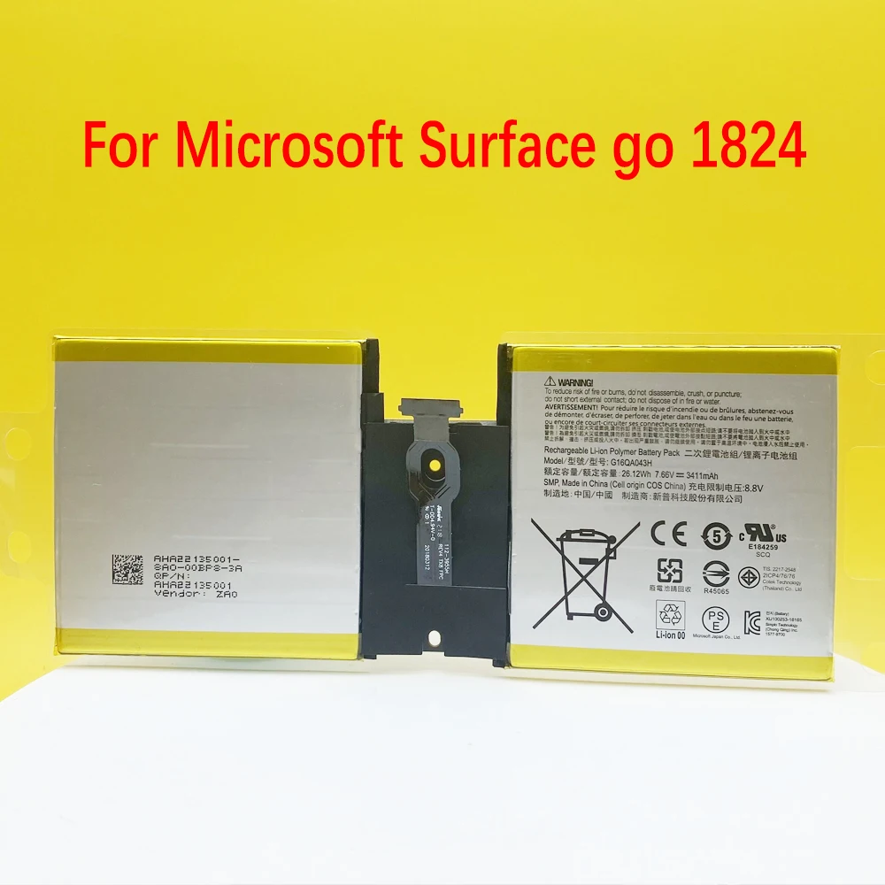 

G16QA043H For Microsoft Surface Go 1824 4415Y Tablet PC 7.66V 26.12WH New 2ICP4/76/76 3411mAh Tablet Battery