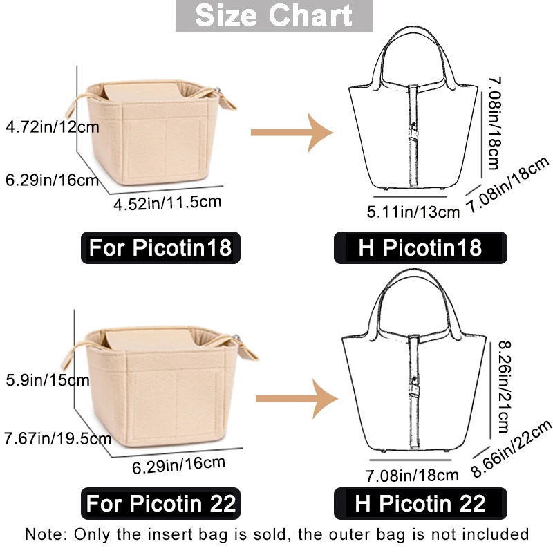 Felt Women's Cosmetic Bag Organizer Insert with zipper Bag Tote Shaper Fit For Picotin 18 22
