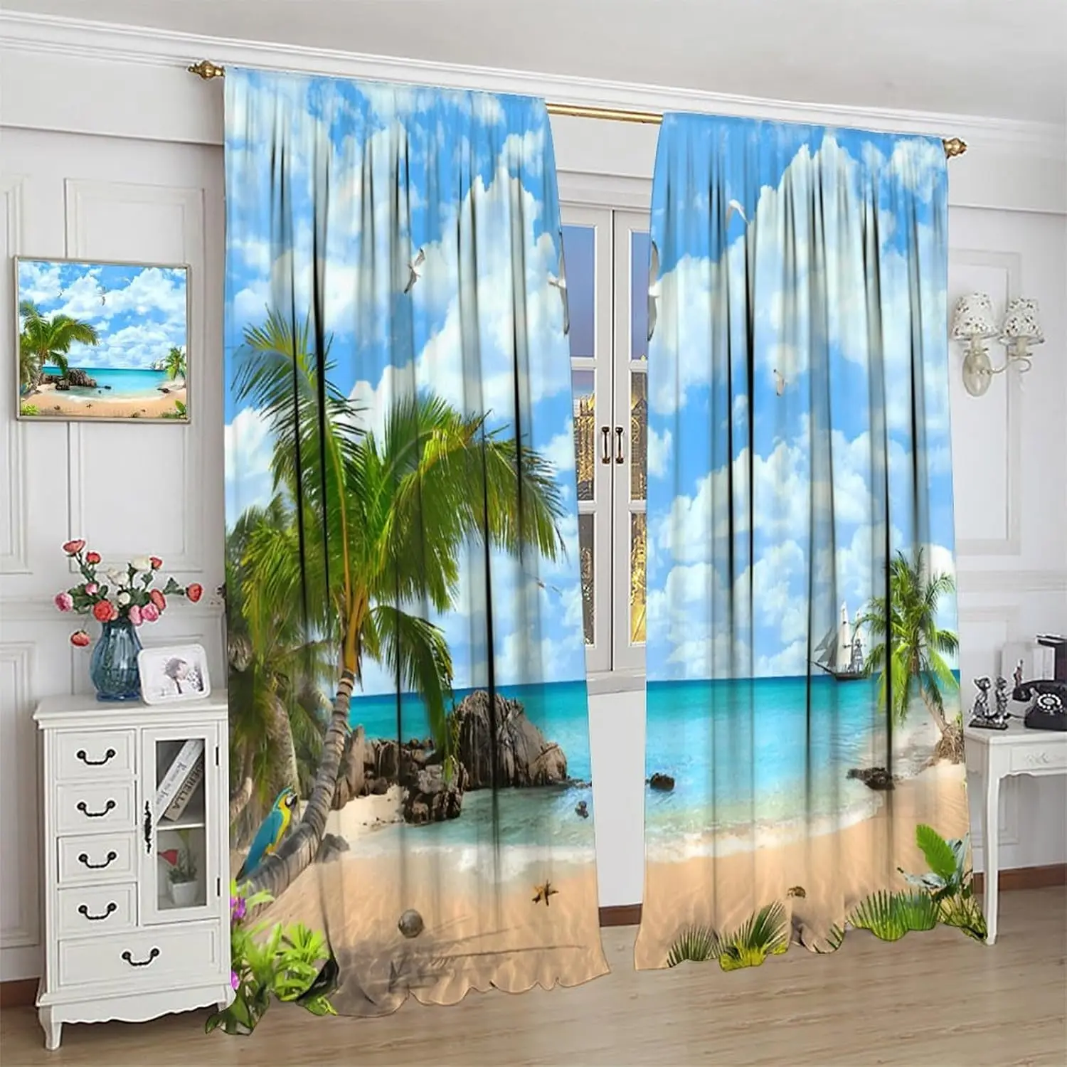 Summer Beach Curtains, Tropical Island Coastal Landscape Ocean Plam Trees Blue Sky Seaside Scene Window Curtains Cafe Kitchen