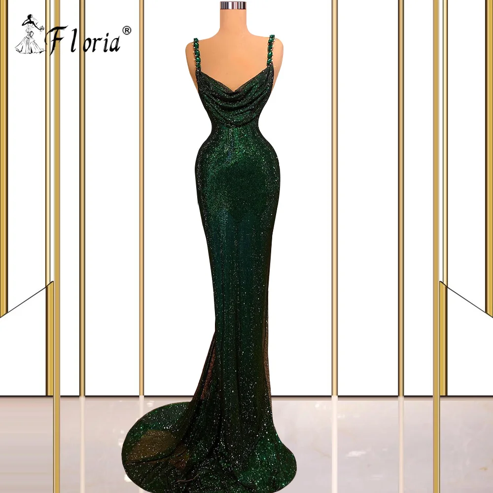 Simple Style Elegant Long Formal Party Dress Dark Green Rhinestone Spaghetti Strap Mermaid Evening Wear Shiny Prom Gown