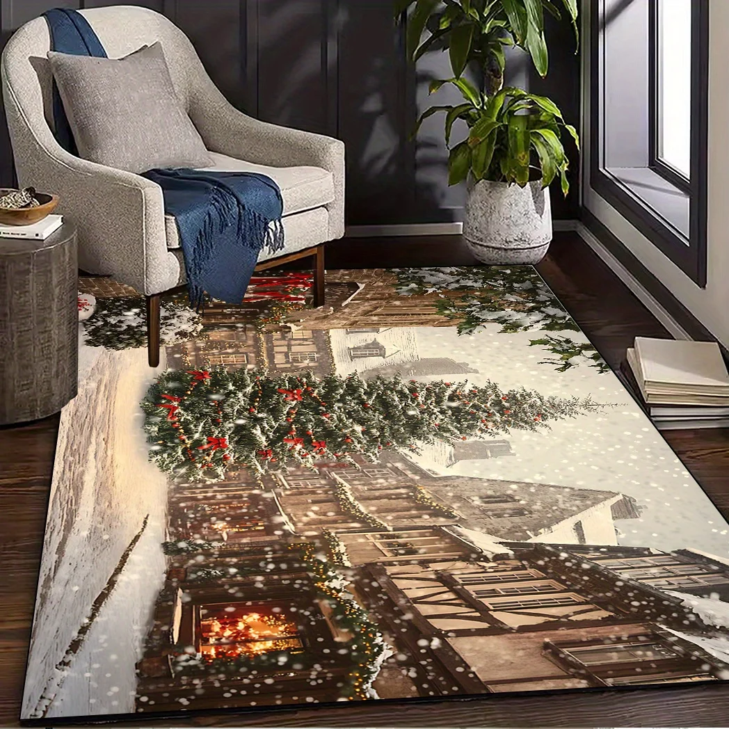 1pc Old Town Christmas Scene Pattern Area Rug, Washable, Stylish Holiday Home Decor, Perfect for Living Room Bedroom