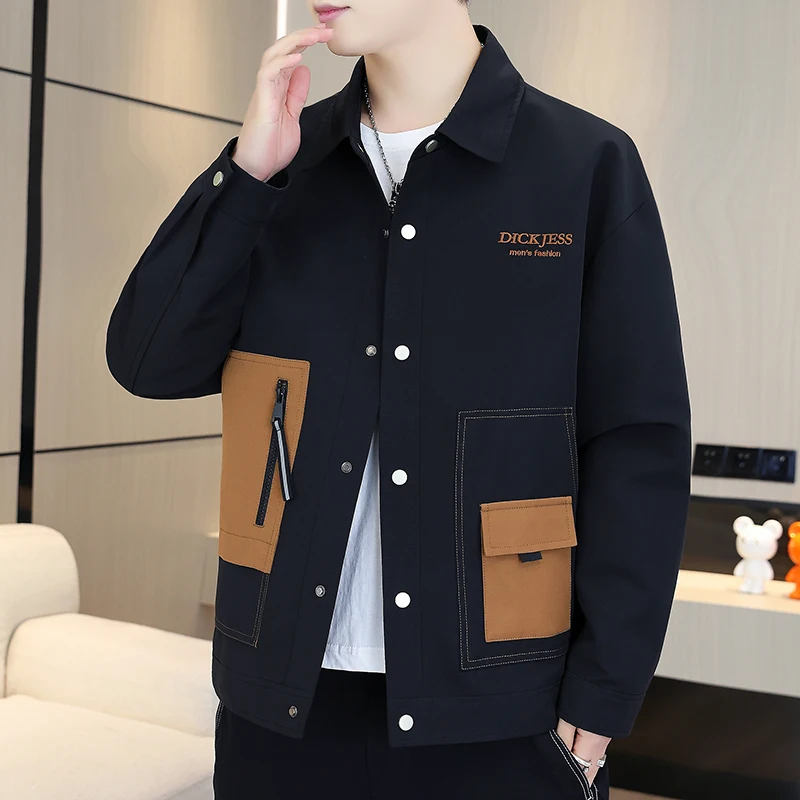 

autumn Men's thick Flip collar jacket Classic Fashion Single breasted short jacket Men Windbreaker Casual Color blocking jacket