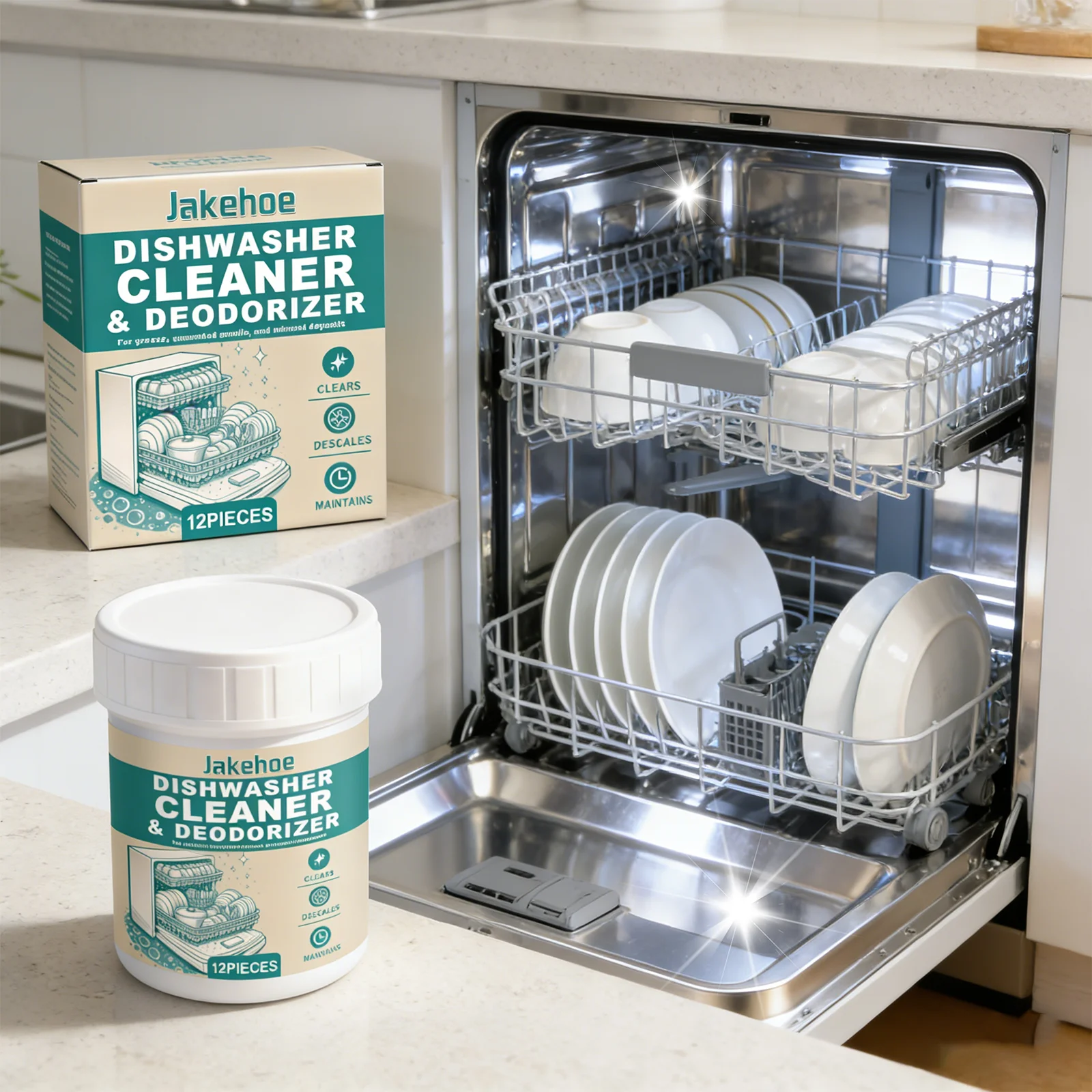 Dishwasher Cleaner Tablets Deep Cleaning Descaler Hard Water Stain Remover Machine Cleaning Deodorizer Eco Tabs 12pcs