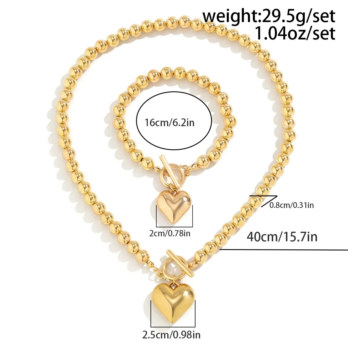 2Pcs Luksusowe złote koraliki Naszyjnik w kształcie serca Bransoletka dla kobiet Punk Vintage OT Buckle Choker Zestaw biżuterii ślubnej — zdjęcie 5