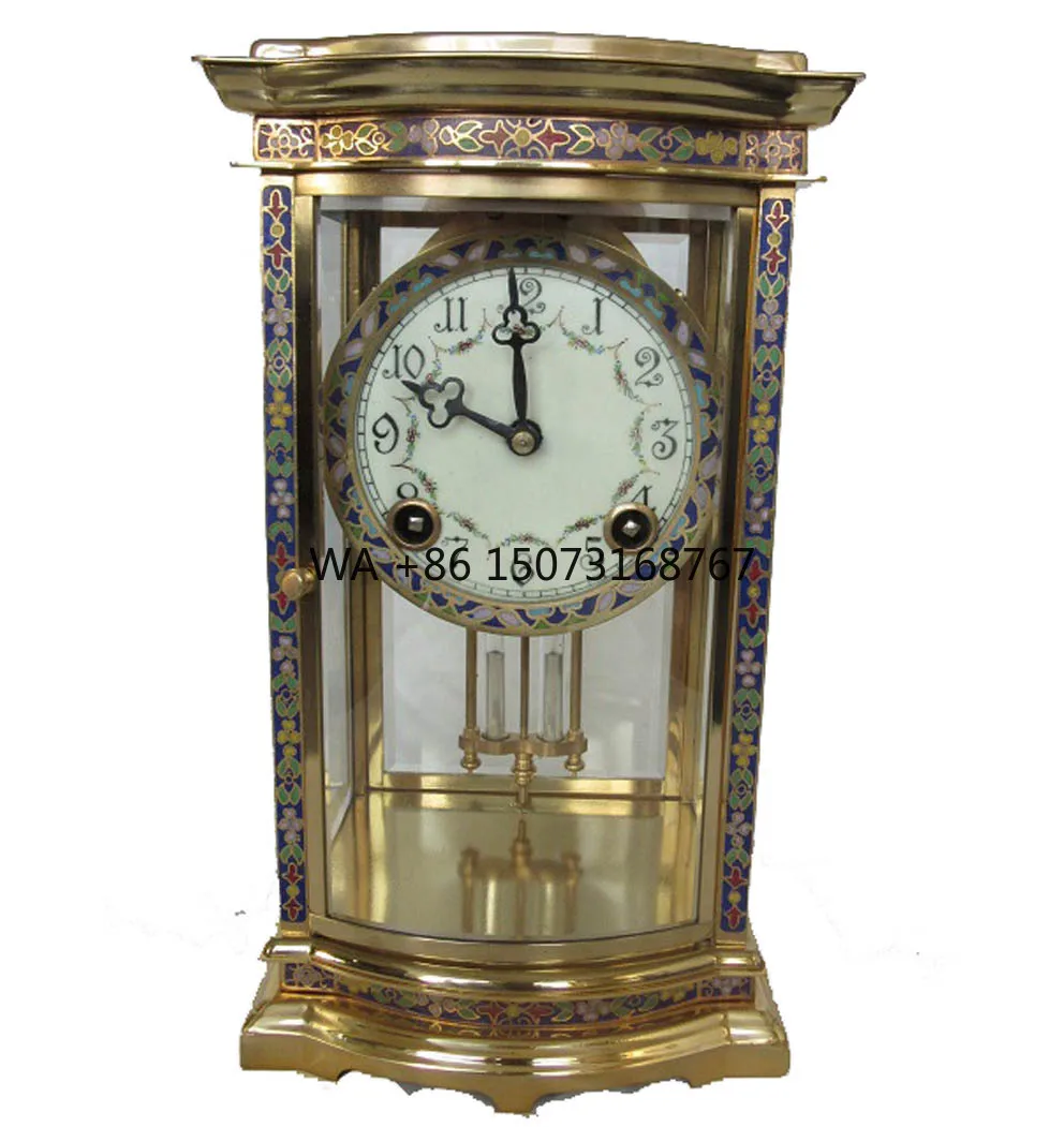 French Gilt Brass Bow Fronted 15 Days Mechanical Floral Chinese Champleve Case Four Glass Striking Table/Desk Clock