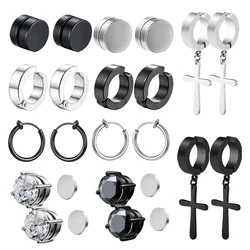 1/10 Pairs Men Stainless Steel Non-Piercing Magnetic Stud Earrings Cross Dangle Hoop Unisex CZ Magnet Clip on Earring Set