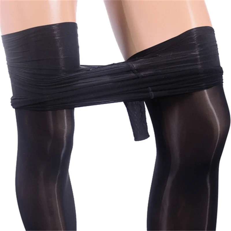 Sexy Men 8D Shiny See Through U Convex Pouch Stockings Open Close Sleeve Tight Sheer Glossy Sheathed Pantyhose Tights Plus Size