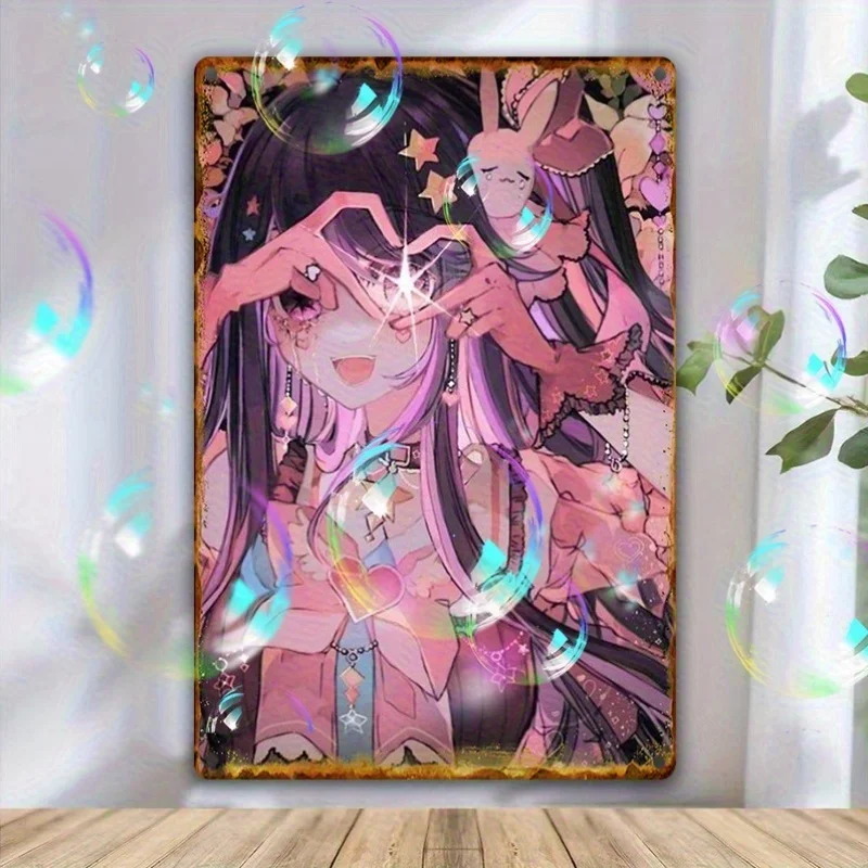 Vintage Metal Aluminum Sign with Anime Artwork - Pink-Haired Girl Bunny, Heart-Shaped Glasses, and Colorful Bubbles Perf