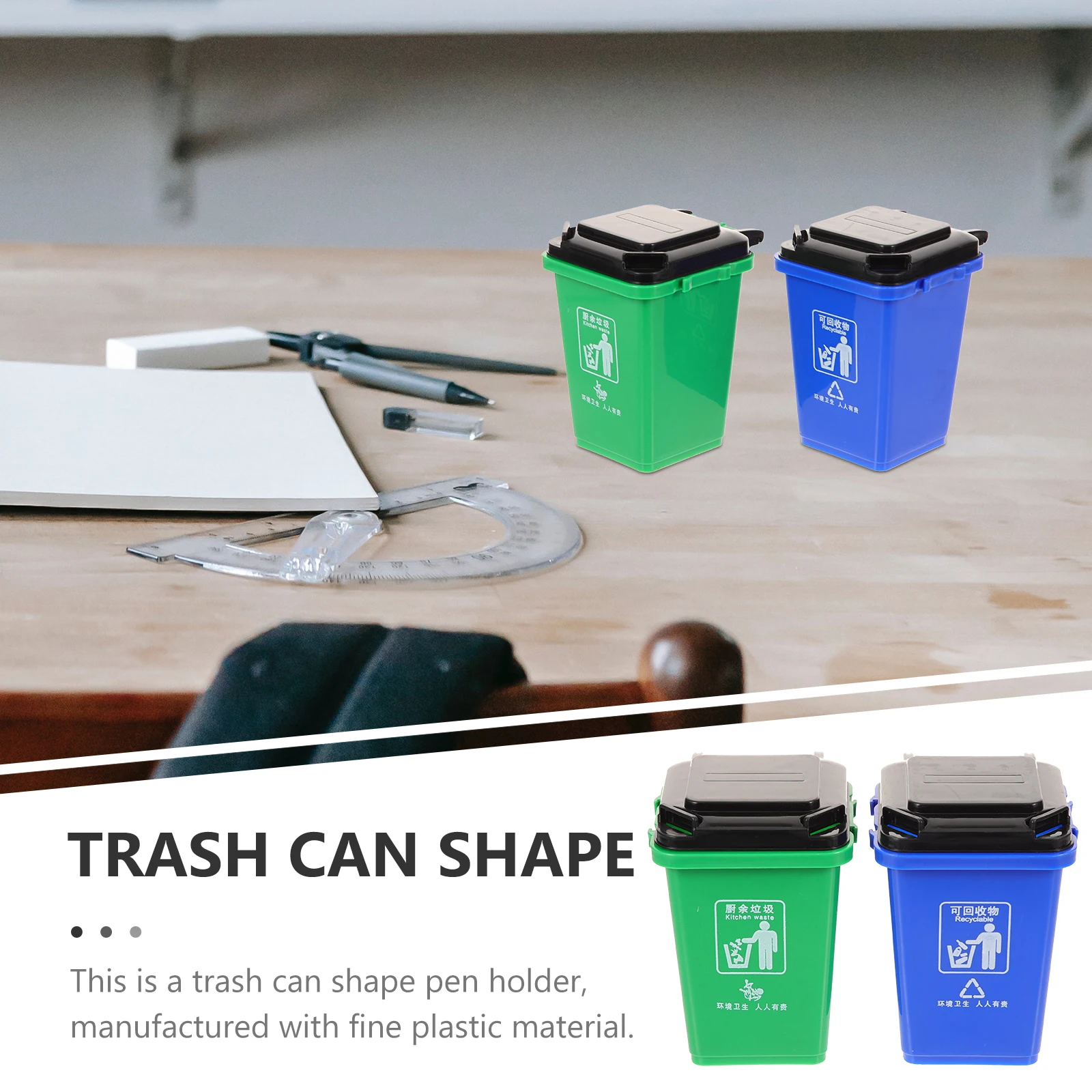 

2pcs Creative Pen Holder Trash Can Shape Plastic Storage Basket With Lid Wheels Desktop Organizer Stationery Holder
