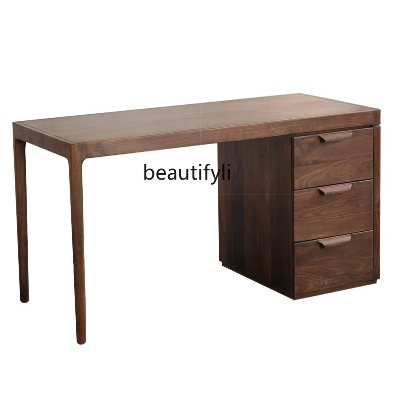 Black Walnut Solid Wood Desk Nordic Study Writing Desk with Cabinet Storage Desk Furniture