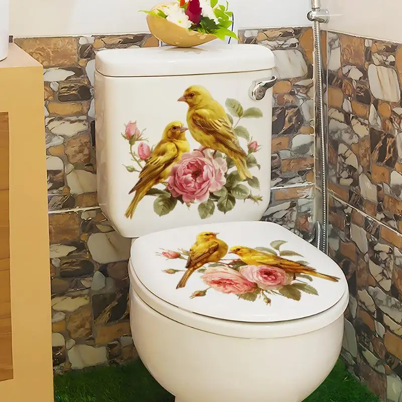 Pink Rose Canary Bird Toilet Sticker Bathroom Realistic Floor Decal Waterproof Anti-Slip Removable Bathtub Decor
