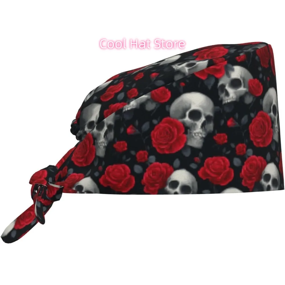 1pc Adjustable Nurse Scrub Cap with Sweatband & Gothic Skull & Rose Symbols - Black/Red/White, 100% Polyester Quick-Dry, Unisex