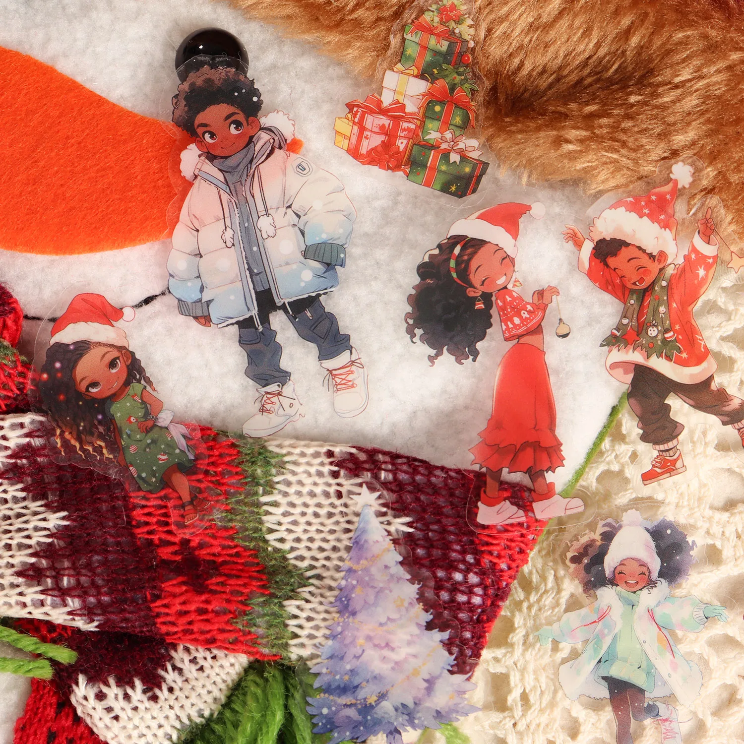 64 Stück Kunstdruckpapier und PET Weihnachtsfeier transparente Dekoration selbstklebende Aufkleber, für Scrapbooking-Zubehör, DIY-Handwerk – Detail 6