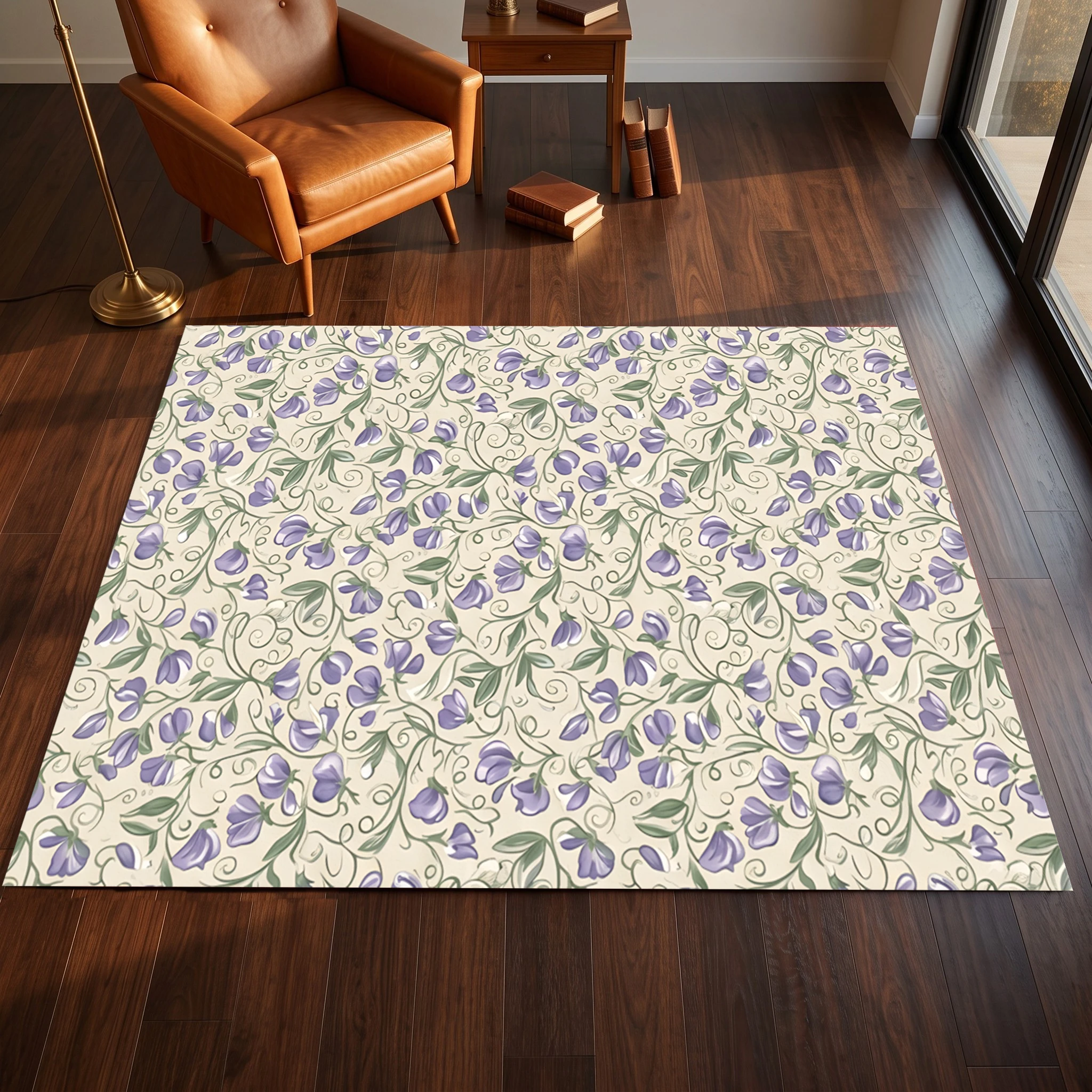 2D Large Carpet with Light Purple Floral Vine Pattern, French Country Style, Suitable for Living Room and Bedroom, One-Click to Refresh Autumn and Winter Decor