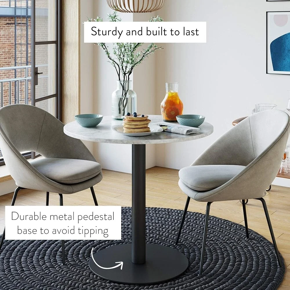 Mid Century Bistro Table Faux Marble Top Durable Metal Pedestal Base Dining Table Perfect Kitchen or Living Room