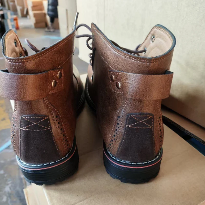 Motorcycle Boots American Casual Leather Shoes Men\'s UK Style Retro Work Shoes Men Big Head Lace Up Ankle Boot Plus Size Male