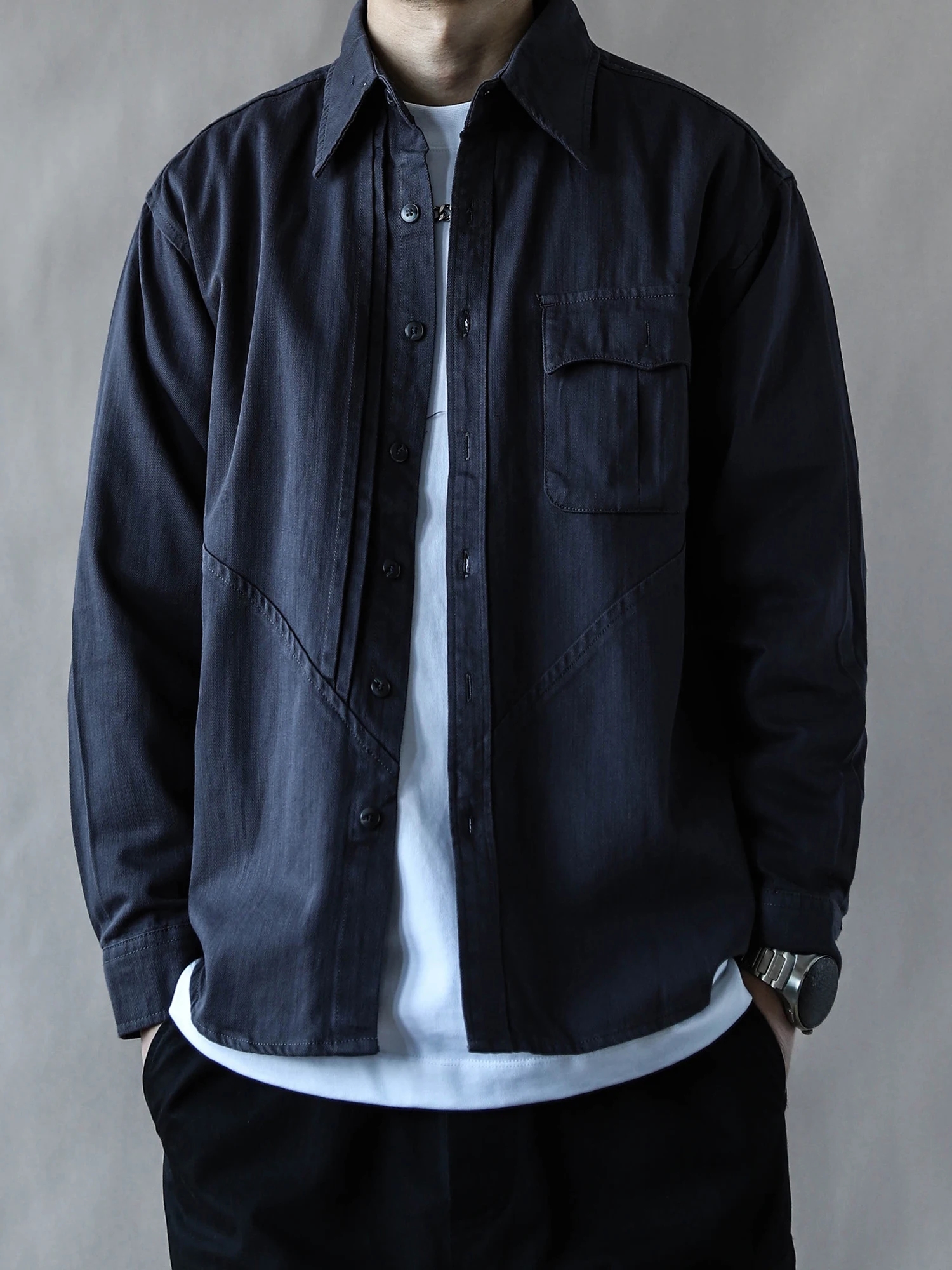 

American Retro Waed Loose Long Sve Collar Men's irt Spring Autumn Casual Sle Pure Color Jaet Classic Fit Coat