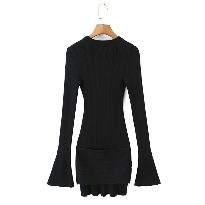 فستان نسائي خريف 2025 نمط جديد أسود متوهج كم طويل مجوف سليم صالح Bodycon محبوك فستان قصير مثير وعصري #2