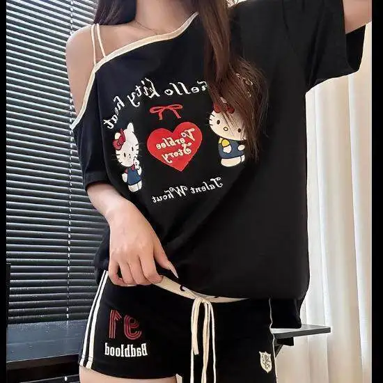 

Plus Size Hello Kitty Women's Short Sleeve Short Set Kawaii Girls Cartoon Black Fashion Print Off-Shoulder T-Shirt Casual Wear