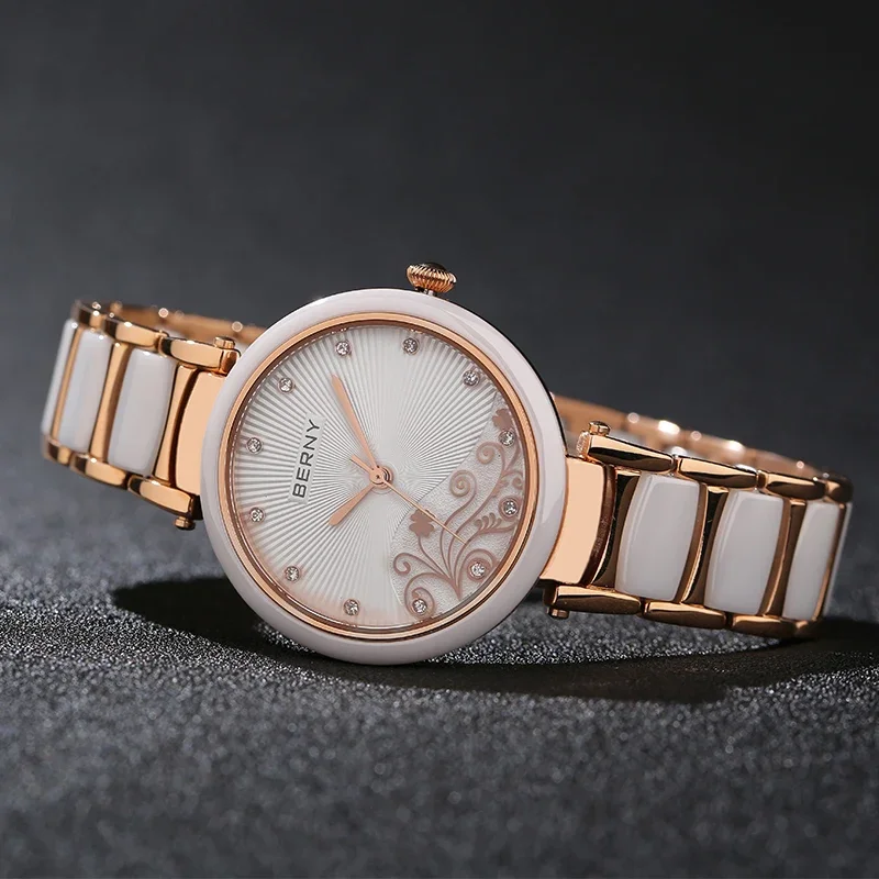 BERNY Women Watch Quartz Ceramic Band Clock Elegant Ladies Morning Glory Design Waterproof Relogio Feminino Reloj Wristwatches