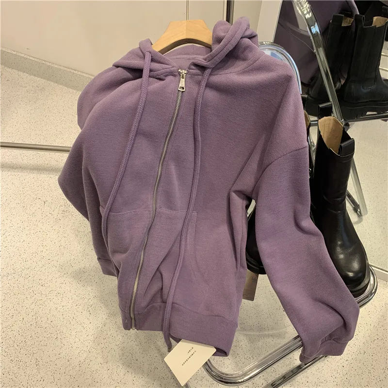 Korean Style Purple Hooded Cardigans Coats Women Loose Casual Thin Zipper Hoodies Fashion Trend All-matched Drawstring Coats