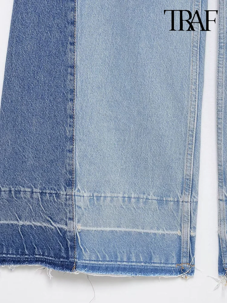 أزياء النسائية الربيع والصيف في أوروبا والولايات المتحدة بنطلون جينز عالي الخصر واسع الساقين ذو الخصر العالي بنمط ريترو جديد متباين الألوان مع بنطلون نسائي