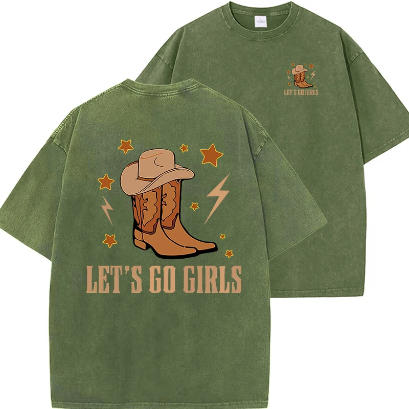 تي شيرت رعاة البقر العتيق للرجال ، تيشيرتات قصيرة فضفاضة كاجوال ، قطن مغسول ، طباعة بنات رعاة البقر ، رائجة وجميلة ، الصيف