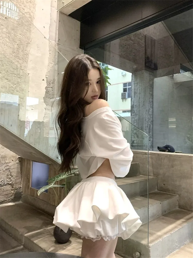 세련된 흰색 반팔 긴 티셔츠와 블루머 세트 여성 여름 신상 투피스 슈트 심플하고 시크한 룩