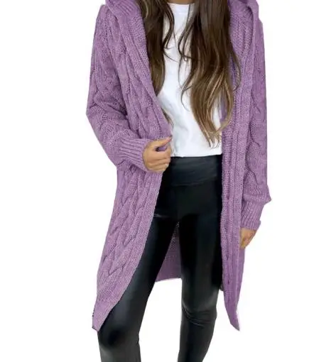 

Autumn and Winter New Solid Color Hooded Fried Dough Twists Knitted Coat Women's Fashion Casual Loose Long Knitted Coat