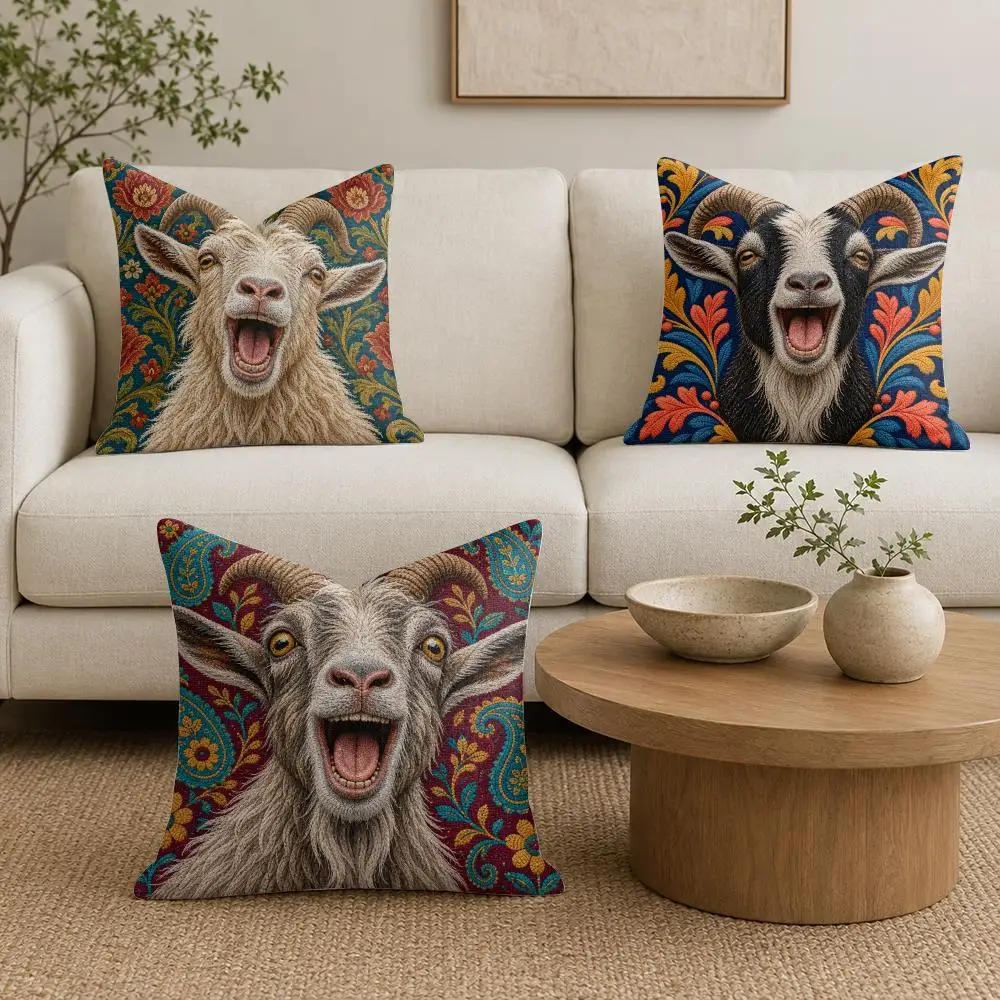 Grinning Goats Cushion Cover Organic Linen Throw Pillow Cover - Double-Sided Print Breathable Cushion Case Home Decor
