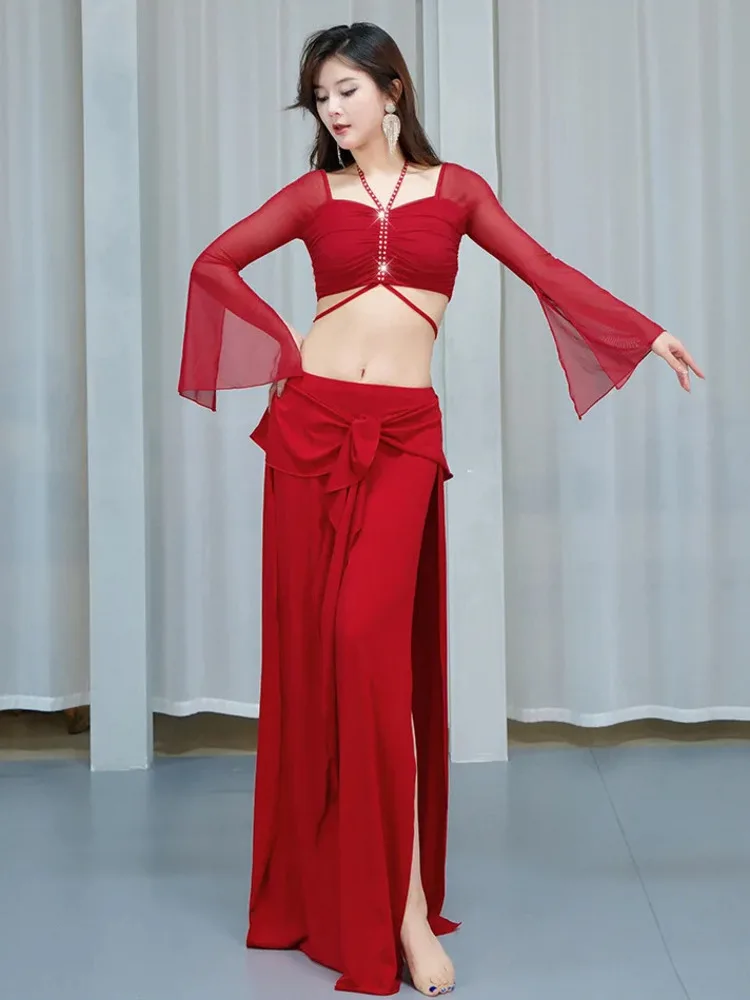 Abito da danza classica elegante per la pancia con top con scollo quadrato con coulisse e gonna con volant sull'orlo diviso – Costume da spettacolo teatrale