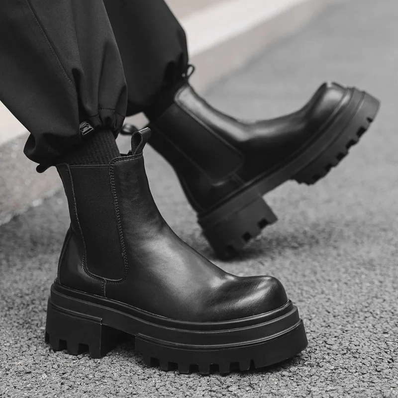 

mens casual stage nightclub high chelsea boots slip-on genuine leather shoes cowboy platform boot handsome long motorcycle botas